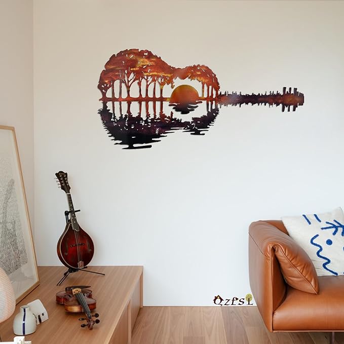 Guitar Sunset View - Metal Wall Art