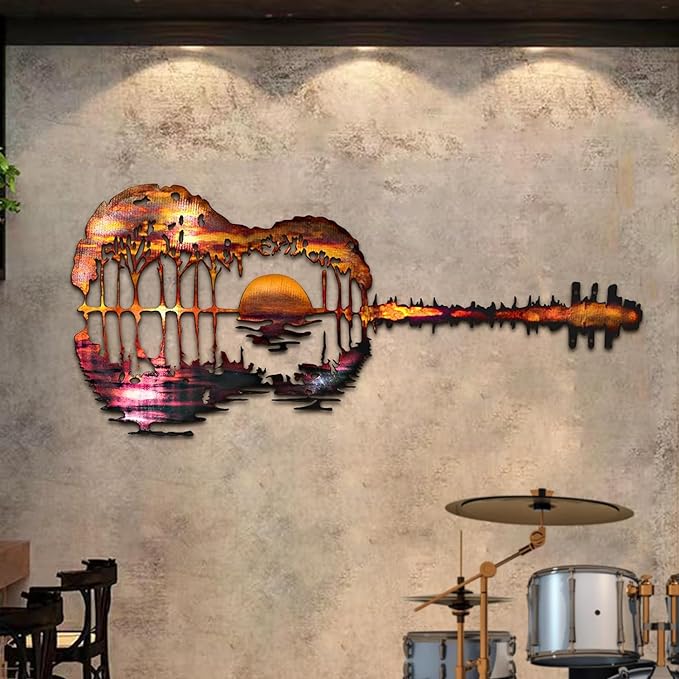 Guitar Sunset View - Metal Wall Art