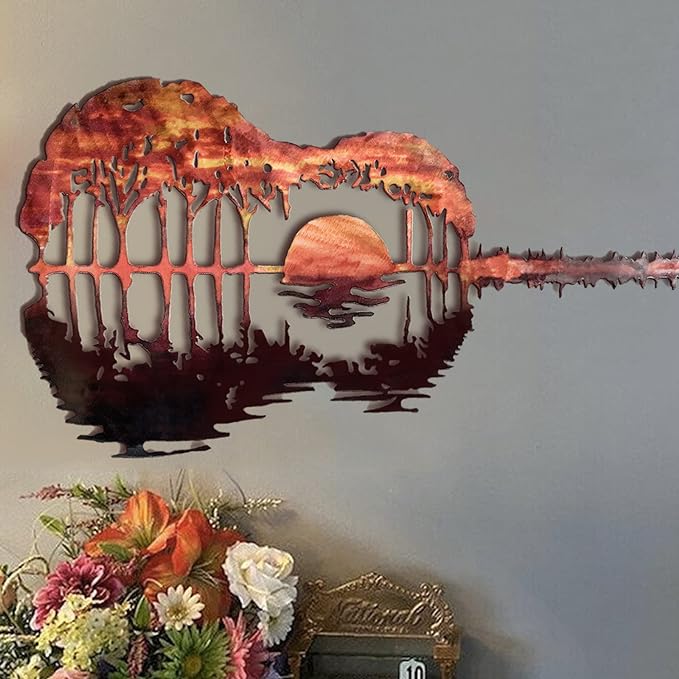 Guitar Sunset View - Metal Wall Art